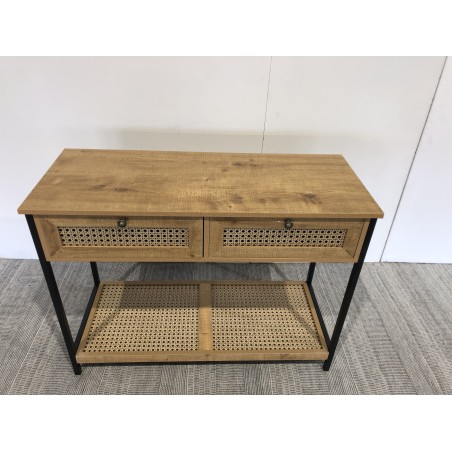 SECONDE MAIN - Console bois marron 2 tiroirs 1 étagère cannage pieds métal
