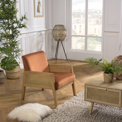 SECONDE MAIN - Fauteuil velours orange pieds bois et accoudoirs rotin