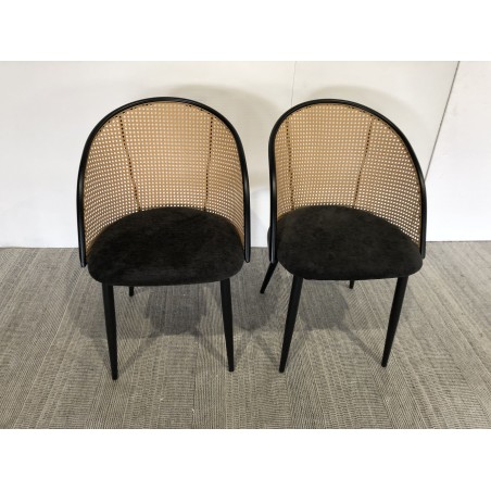 SECONDE MAIN - 2 fauteuils tissu noir dossier arrondi effet cannage