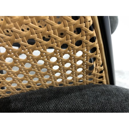 SECOND-HAND - 2 black fabric armchairs with rounded backs and cane effect