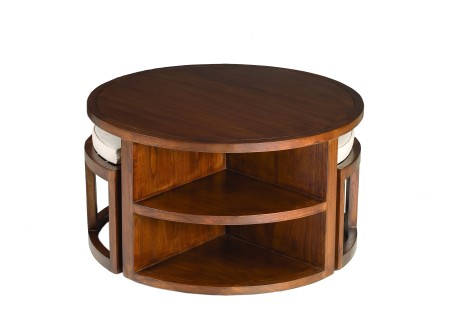 LAUREN Brown Round Coffee Table with 2 Stools