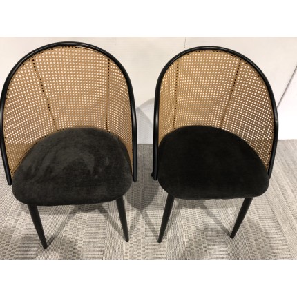 SECOND-HAND - 2 black fabric armchairs with rounded backs and cane effect