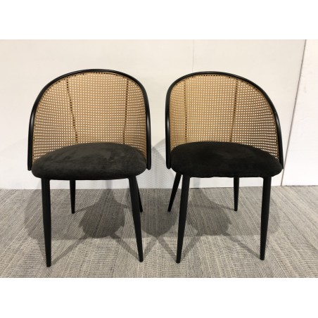 SECONDE MAIN - 2 fauteuils tissu noir dossier arrondi effet cannage