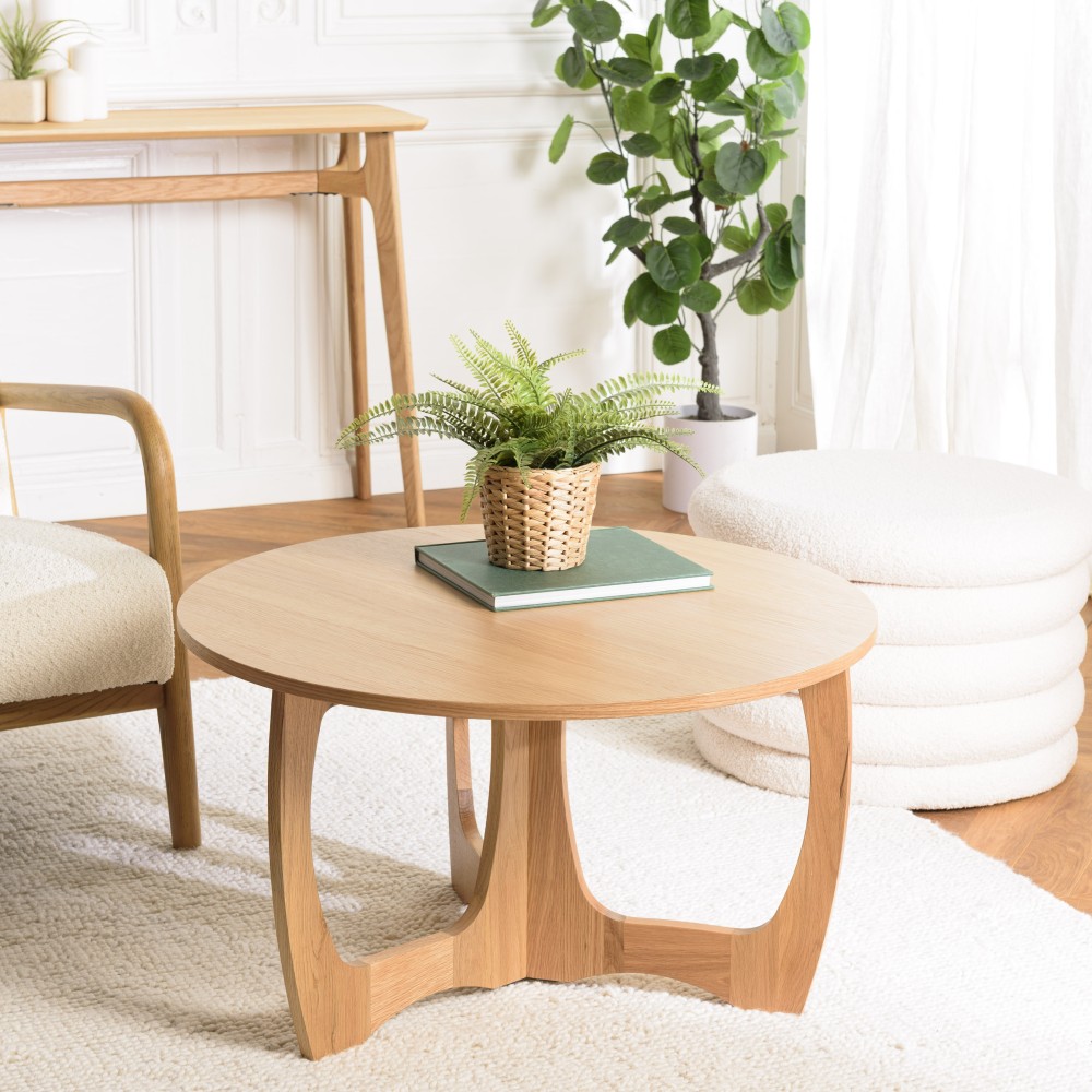 Table basse ronde D80 décor et chêne naturel pied ajouré - Seconde Main