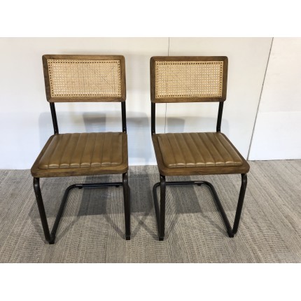 MARCEL Set of 2 Mango Wood Chairs with Padded Leather Seat and Retro Legs