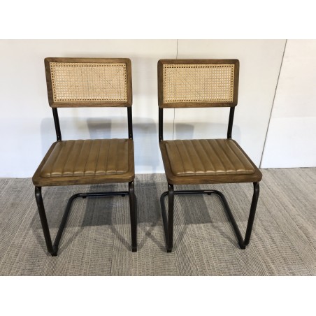 Lot de 2 chaises cuir dossier bois de manguier / rotin - Seconde main