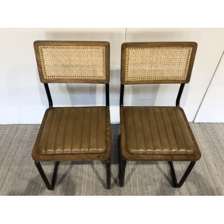 MARCEL Set of 2 Mango Wood Chairs with Padded Leather Seat and Retro Legs