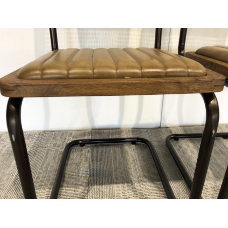MARCEL Set of 2 Mango Wood Chairs with Padded Leather Seat and Retro Legs