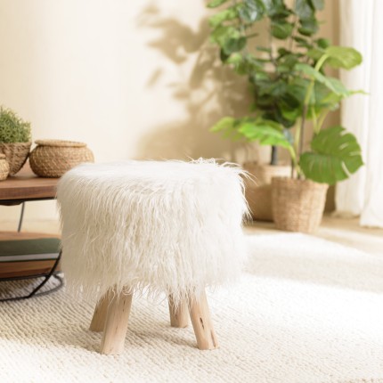 Round Stool 40x40cm Ivory Sheepskin with Wooden Legs - Second Hand