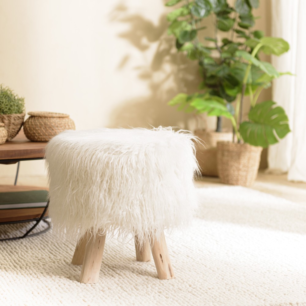 Round Stool 40x40cm Ivory Sheepskin with Wooden Legs - Second Hand
