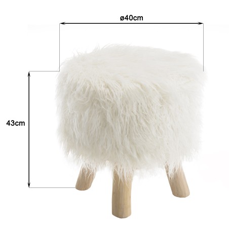 Round Stool 40x40cm Ivory Sheepskin with Wooden Legs - Second Hand