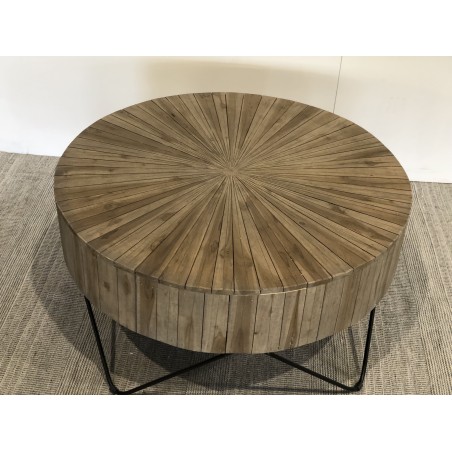 SECONDE MAIN - Table basse ronde 90x90cm bois Teck naturel pieds épingles scandi métal noir