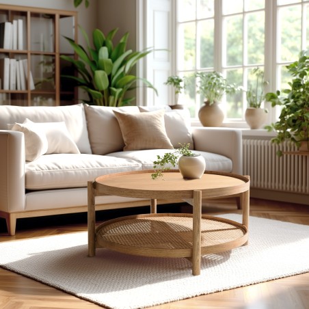Table basse en bois 80.5cm avec tablette en rotin | Seconde Main