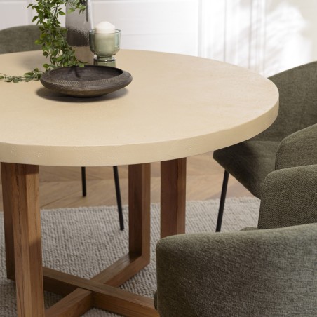Table à manger ronde 120x120cm béton beige pieds croisés en teck - Seconde Main