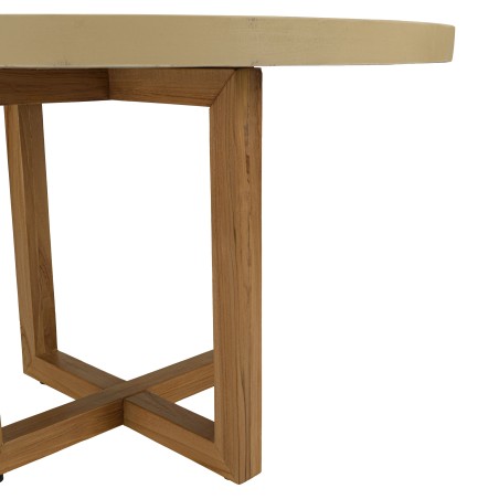 Round dining table, 120x120cm, beige concrete with crossed teak legs - Second-hand