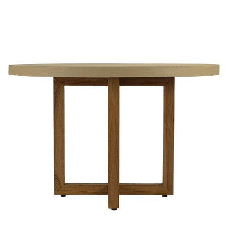Round dining table, 120x120cm, beige concrete with crossed teak legs - Second-hand