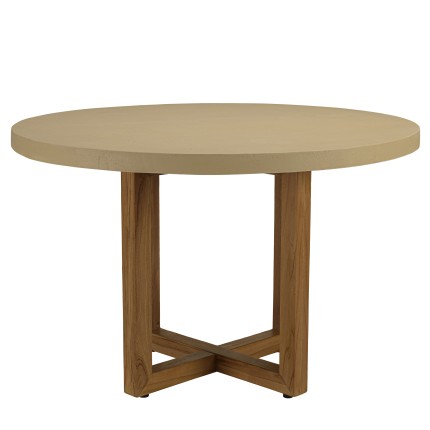 Table à manger ronde 120x120cm béton beige pieds croisés en teck - Seconde Main