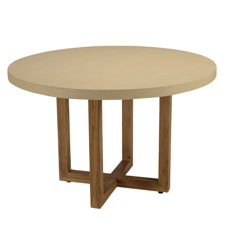 Table à manger ronde 120x120cm béton beige pieds croisés en teck - Seconde Main