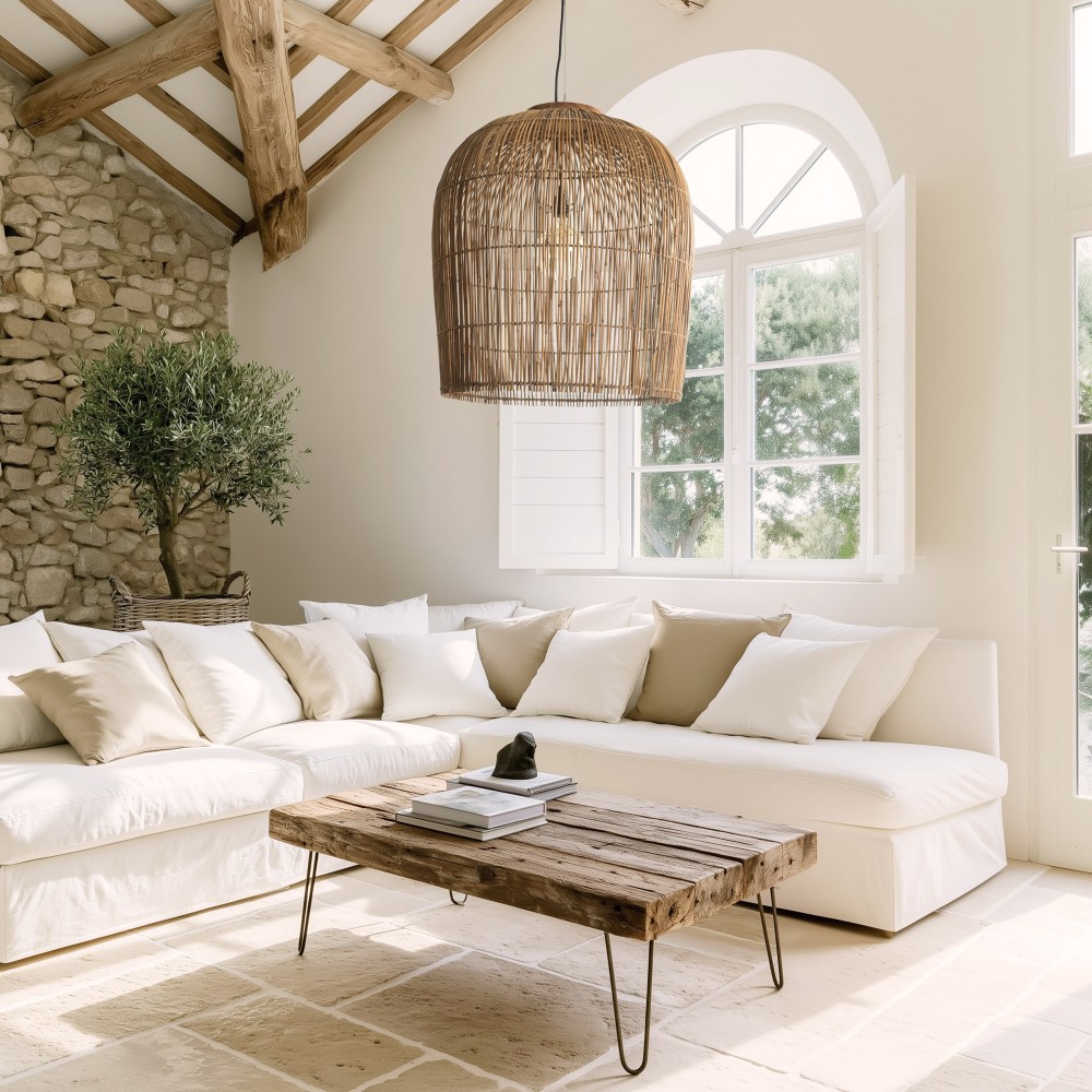 SIXTINE - 59x59cm pendant light in natural-coloured rattan and recycled teak