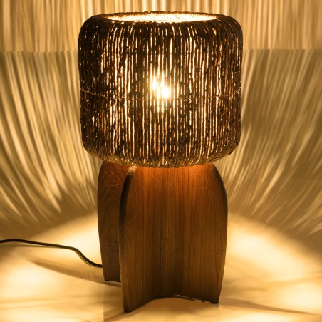 Lampe 30x30cm en rotin couleur naturelle et bois de teck recyclé - Macabane