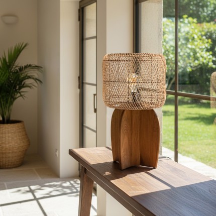 Lampe 38x38cm en rotin couleur naturelle et bois de teck recyclé | Macabane
