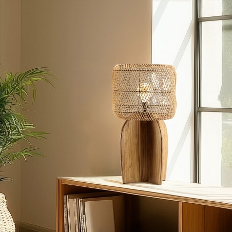 SIXTINE - 38x38cm lamp in natural-coloured rattan and recycled teak