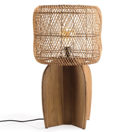 Lampe 38x38cm en rotin couleur naturelle et bois de teck recyclé | Macabane