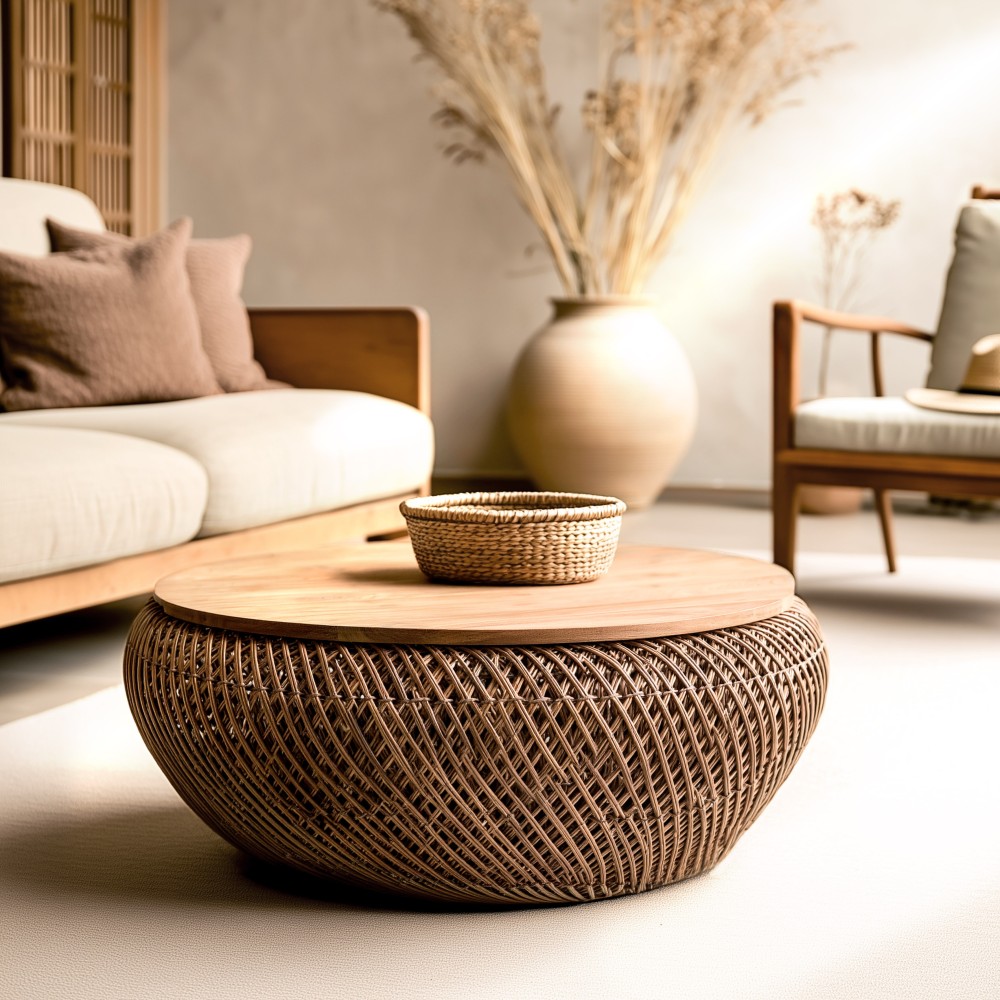 Salontafel van bruin rotan en gerecycled teakhout D80cm | Macabane