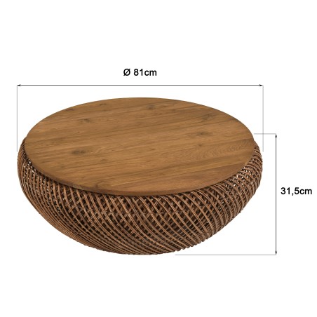Salontafel van bruin rotan en gerecycled teakhout D80cm | Macabane