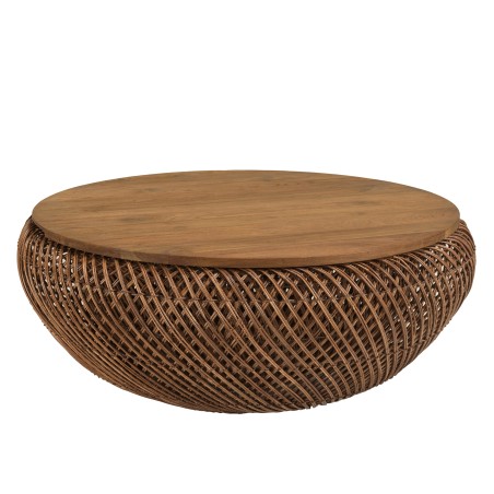 Salontafel van bruin rotan en gerecycled teakhout D80cm | Macabane