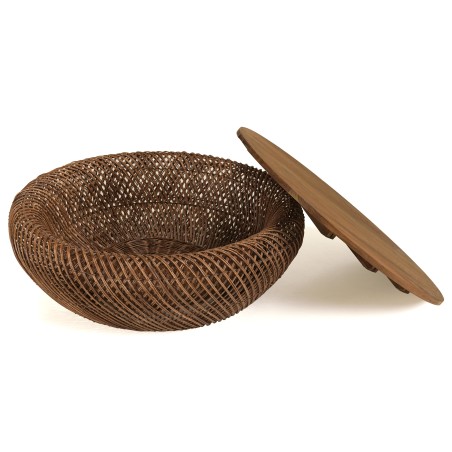 SIXTINE - Coffee table in brown rattan and recycled teak, D80cm