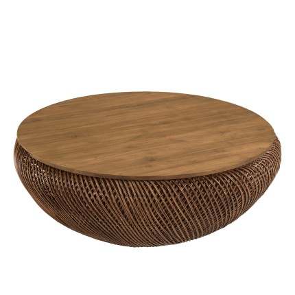 SIXTINE - Brown rattan and recycled teak coffee table, diameter 100cm