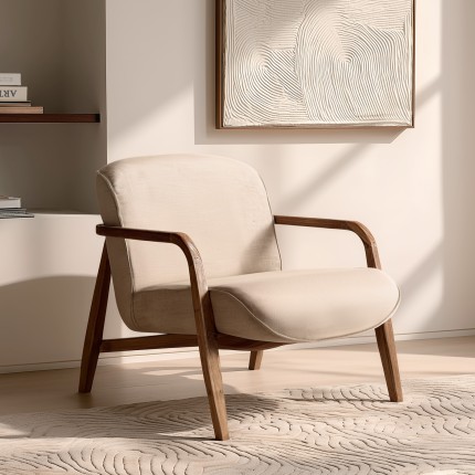 SIXTINE - Armchair in beige fabric and recycled teak 