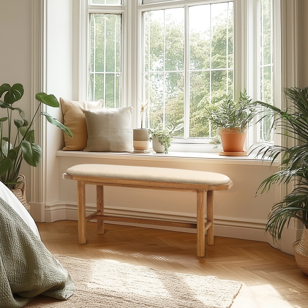 Banco con cojín blanco de madera y ratán | Colección Amy