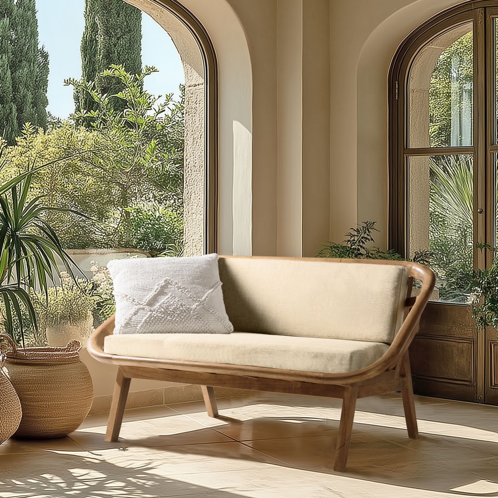 Divano 2 posti cuscini bianchi in legno e rattan | Collezione Amy