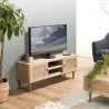 Meuble TV bois 2 niches 2 portes toile de jute pieds doré | Seconde Main