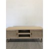 Meuble TV bois 2 niches 2 portes toile de jute pieds doré | Seconde Main