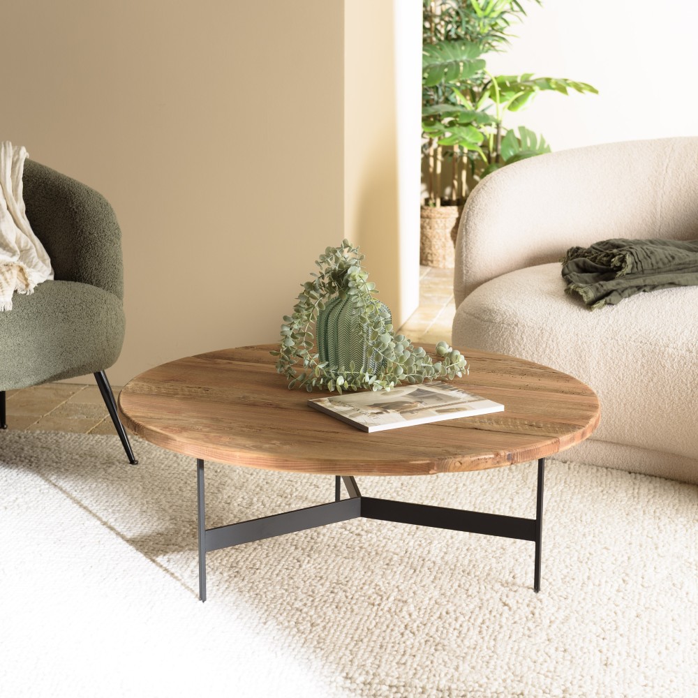 Table basse ronde 90x90cm bois Pin recyclé et pieds métal noir | Seconde Vie