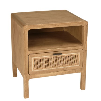 AMY - Bedside table with 1 drawer and 1 shelf, in mindi wood and natural rattan