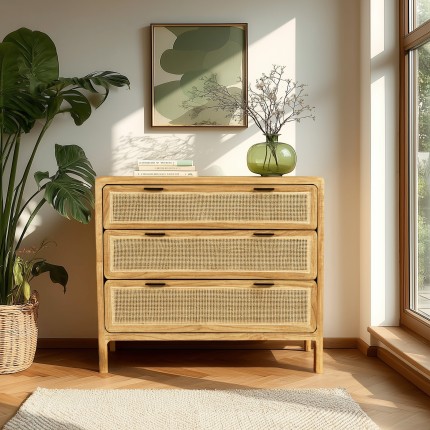 AMY - 100 cm chest of drawers with 3 drawers, made from mindi wood and natural rattan