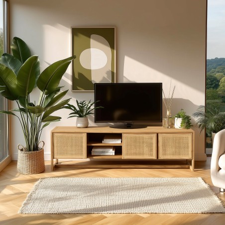 Tv-meubel 3 deuren 2 vakken L180cm van mindihout en naturel rotan | Amy