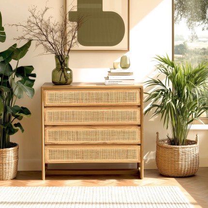 AMY - 90cm 4-drawer chest in mindi wood and natural rattan