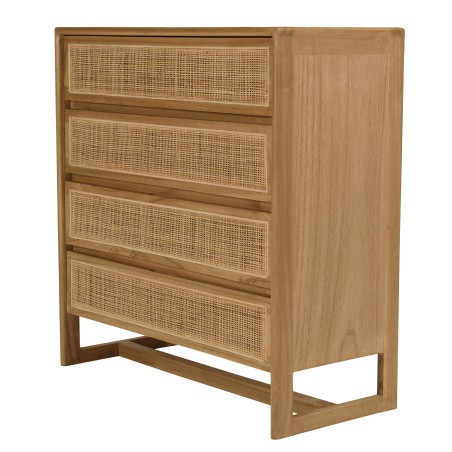 Cassettiera 4 cassetti 90cm in legno di mindi e rattan naturale