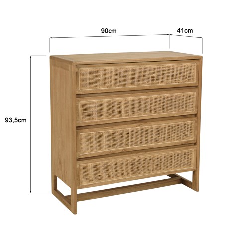 Cassettiera 4 cassetti 90cm in legno di mindi e rattan naturale