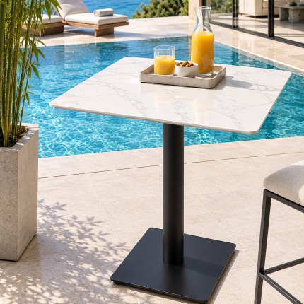 ICARE - Ensemble n°2: table bistrot 70x70cm en céramique marbré blanc
