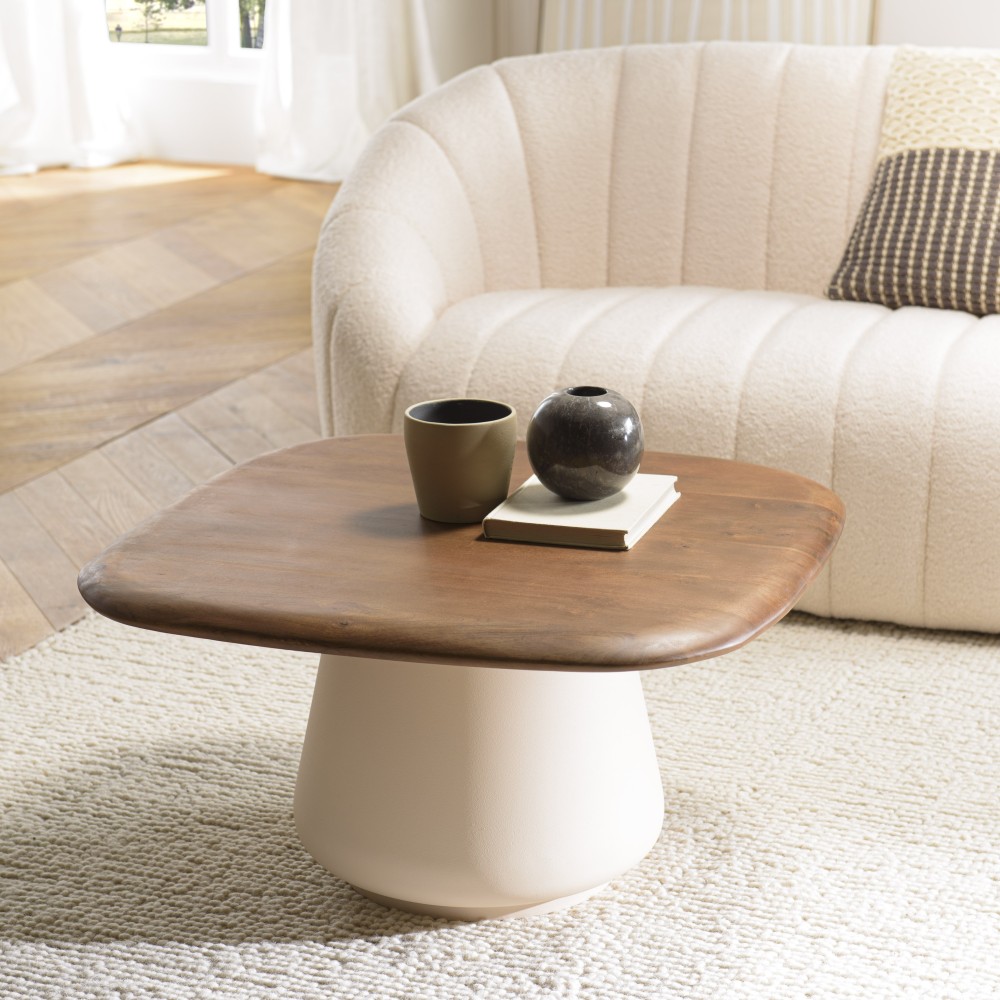 Table basse 70x70cm en manguier pied métal ivoire | Seconde Main