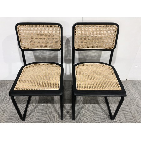 PIERRE - Set of 2 Chairs with Black Wood Seat and Rattan Backrest
