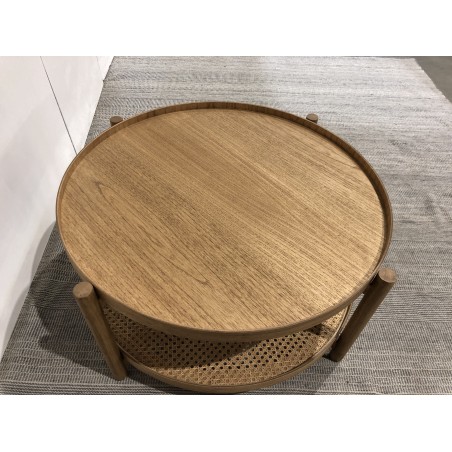 Table basse en bois 80.5cm avec tablette en rotin | Seconde Main