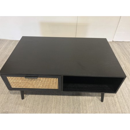 Couchtisch schwarz Holz ANGELO - 2 Schubladen und 1 Fach mit Wiener Geflecht