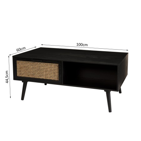 Salontafel zwart hout ANGELO - 2 lades en 1 vak met webbing